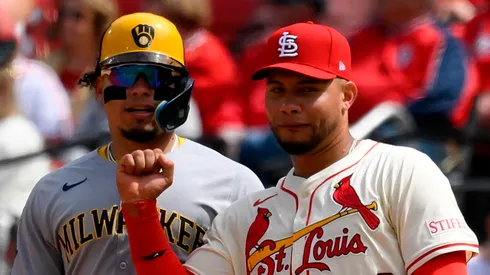 Willson Contreras #40 of the St. Louis Cardinals makes gestures towards William Contreras #24 of the Milwaukee Brewers during the sixth inning at Busch Stadium on April 26, 2025 in St Louis, Missouri.