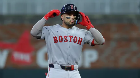 Carlos Narvaez #75 of the Boston Red Sox reacts after hitting a double in the sixth inning against the Atlanta Braves at Truist Park on May 30, 2025 in Atlanta, Georgia.