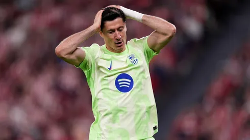 Robert Lewandowski of FC Barcelona reacts during the LaLiga match between Athletic Club and FC Barcelona at Estadio de San Mames on May 25, 2025 in Bilbao, Spain.
