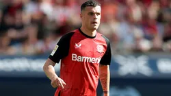Granit Xhaka of Bayer 04 Leverkusen looks on during the Bundesliga match between Bayer 04 Leverkusen and Borussia Dortmund at BayArena on May 11, 2025 in Leverkusen, Germany.