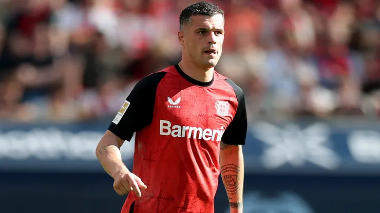 Granit Xhaka of Bayer 04 Leverkusen looks on during the Bundesliga match between Bayer 04 Leverkusen and Borussia Dortmund at BayArena on May 11, 2025 in Leverkusen, Germany.