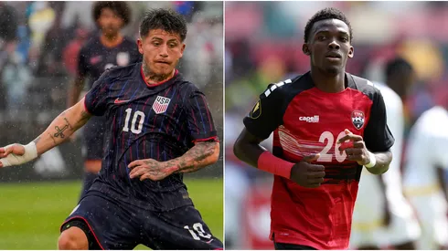 Diego Luna #10 of the United States during the first half of an International Friendly match at Pratt & Whitney Stadium on June 7, 2025 in East Hartford, Connecticut and Kaihim Thomas of Trinidad and Tobago during the Cup 3rd/4th Play Off between Ghana and Trinidad and Tobago at Gtech Community Stadium on May 31, 2025 in Brentford, England.