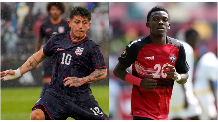 Diego Luna #10 of the United States during the first half of an International Friendly match at Pratt & Whitney Stadium on June 7, 2025 in East Hartford, Connecticut and Kaihim Thomas of Trinidad and Tobago during the Cup 3rd/4th Play Off between Ghana and Trinidad and Tobago at Gtech Community Stadium on May 31, 2025 in Brentford, England.