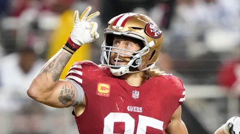 George Kittle #85 of the San Francisco 49ers celebrates after a touchdown catch during the third quarter against the Dallas Cowboys at Levi's Stadium on October 08, 2023 in Santa Clara, California.