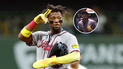 Ronald Acuña Jr. #13 of the Atlanta Braves reacts after reaching second base in the ninth inning at American Family Field on June 09, 2025 in Milwaukee, Wisconsin.