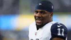 Micah Parsons #11 of the Dallas Cowboys during warm up before the game against the Los Angeles Chargers at SoFi Stadium on October 16, 2023 in Inglewood, California.