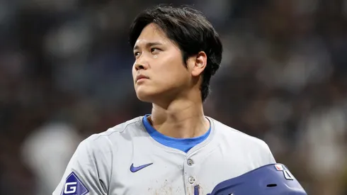 Shohei Ohtani #17 of the Los Angeles Dodgers reacts after the 3rd inning during the 2024 Seoul Series game between Los Angeles Dodgers and San Diego Padres at Gocheok Sky Dome on March 20, 2024 in Seoul, South Korea.