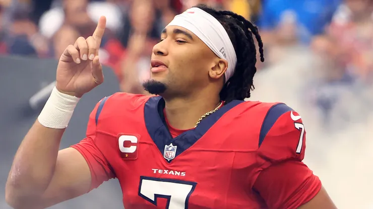 C.J. Stroud #7 of the Houston Texans runs onto the field prior to a game against the Pittsburgh Steelers at NRG Stadium on October 01, 2023 in Houston, Texas.