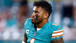 Tua Tagovailoa #1 of the Miami Dolphins warms up prior to the game against the Buffalo Bills at Hard Rock Stadium on September 12, 2024 in Miami Gardens, Florida.