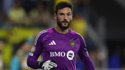 Hugo Lloris #1 of Los Angeles FC reacts during the FIFA Club World Cup 2025 Play-In match between Los Angeles Football Club and Club America at BMO Stadium on May 31, 2025.