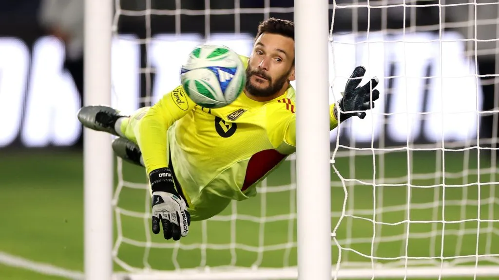 Hugo Lloris #1 of Los Angeles Football Club allows a goal from Marco Reus #18 of LA Galaxy during the second half at Dignity Health Sports Park on May 18, 2025. (Source: Luke Hales/Getty Images)