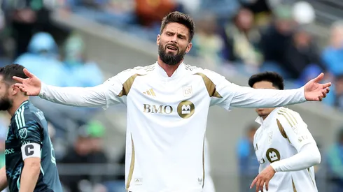 Olivier Giroud #9 of Los Angeles FC reacts against the Seattle Sounders at Lumen Field
