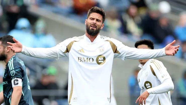 Olivier Giroud #9 of Los Angeles FC reacts against the Seattle Sounders at Lumen Field