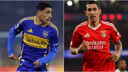 Miguel Merentiel of Boca Juniors plays the ball during a Torneo Apertura 2025 and Angel Di Maria of SL Benfica during the UEFA Champions League 2024/25 League.