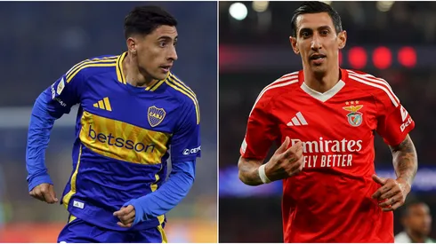 Miguel Merentiel of Boca Juniors plays the ball during a Torneo Apertura 2025 and Angel Di Maria of SL Benfica during the UEFA Champions League 2024/25 League.