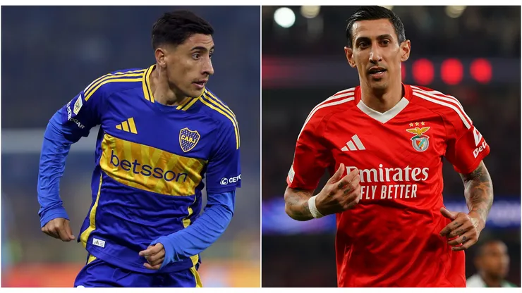 Miguel Merentiel of Boca Juniors plays the ball during a Torneo Apertura 2025 and Angel Di Maria of SL Benfica during the UEFA Champions League 2024/25 League.