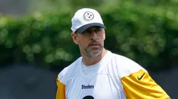 Quarterback Aaron Rodgers #8 of the Pittsburgh Steelers participates during mandatory minicamp at UPMC Rooney Sports Complex on June 10, 2025 in Pittsburgh, Pennsylvania.