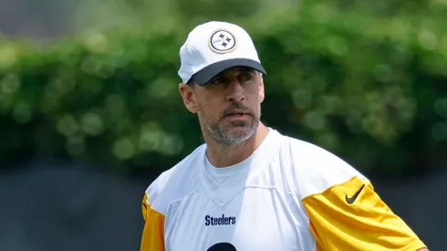Quarterback Aaron Rodgers #8 of the Pittsburgh Steelers participates during mandatory minicamp at UPMC Rooney Sports Complex on June 10, 2025 in Pittsburgh, Pennsylvania.