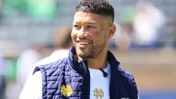 Head coach Marcus Freeman of the Notre Dame Fighting Irish looks on during the 94th Annual Notre Dame Blue-Gold Spring Game at Notre Dame Stadium on April 12, 2025 in South Bend, Indiana.