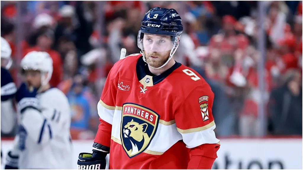 Sam Bennett #9 of the Florida Panthers looks on after scoring during the third period against the Toronto Maple Leafs in Game Four of the Second Round of the 2025 Stanley Cup Playoffs at Amerant Bank Arena on May 11, 2025 in Sunrise, Florida.