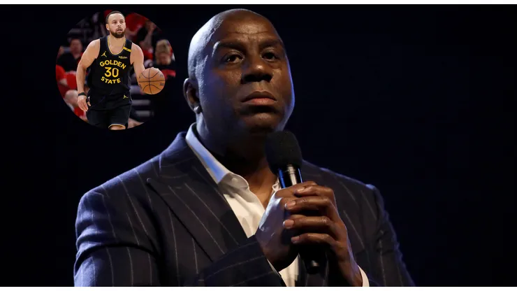 Magic Johnson speaks to the crowd before the 69th NBA All-Star Game at the United Center on February 16, 2020 in Chicago, Illinois.