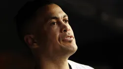 Giancarlo Stanton #27 of the New York Yankees looks on from the dugout during the second inning against the Los Angeles Angels at Yankee Stadium on June 16, 2025 in the Bronx borough of New York City.