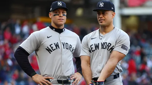 Aaron Judge #99 and Giancarlo Stanton #27 of the New York Yankees.