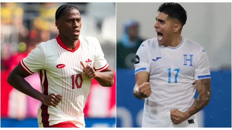 Jonathan David #10 of Canada and Luis Palma of Honduras.
