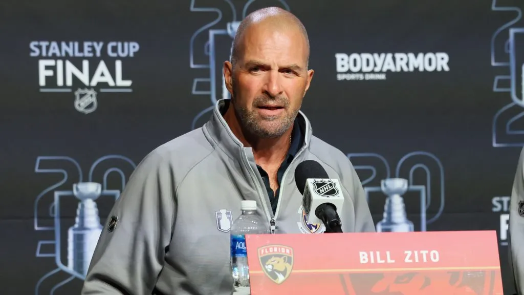General Manager Bill Zito of the Florida Panthers speaks with the media prior to the start of the 2025 NHL Stanley Cup Final against the Edmonton Oilers at Rogers Place on June 03, 2025. (Source: Bruce Bennett/Getty Images)