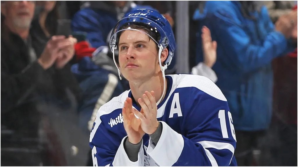 Mitchell Marner #16 of the Toronto Maple Leafs against the San Jose Sharks during an NHL game at Scotiabank Arena on November 30, 2022 in Toronto, Ontario, Canada.
