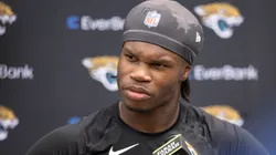 Travis Hunter #12 of the Jacksonville Jaguars speaks to the Media during Jacksonville Jaguars Rookie Minicamp at Miller Electric Center on May 10, 2025 in Jacksonville, Florida.
