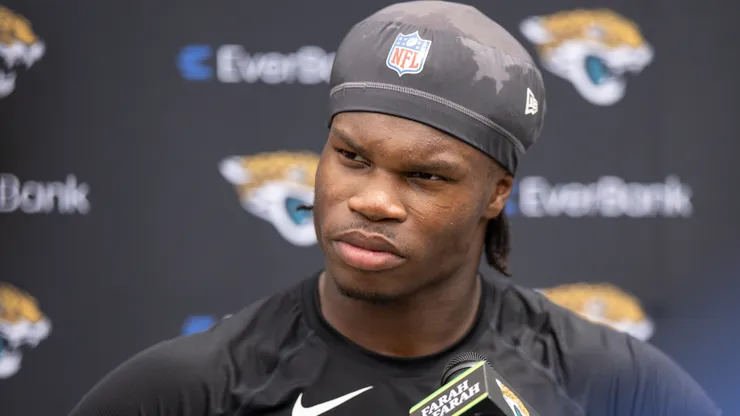Travis Hunter #12 of the Jacksonville Jaguars speaks to the Media during Jacksonville Jaguars Rookie Minicamp at Miller Electric Center on May 10, 2025 in Jacksonville, Florida.