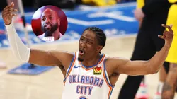 Jalen Williams #8 of the Oklahoma City Thunder celebrates against the Indiana Pacers during the third quarter in Game Five of the 2025 NBA Finals.