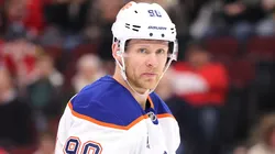 Corey Perry #90 of the Edmonton Oilers looks on against the Chicago Blackhawks during the first period at the United Center on January 11, 2025.