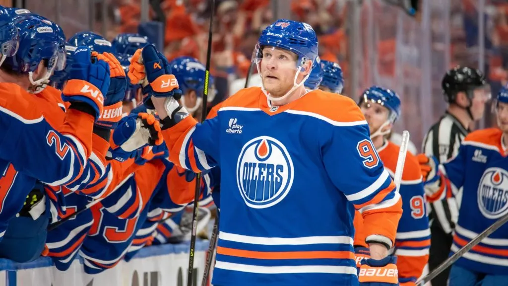 Corey Perry #90 of the Edmonton Oilers celebrates his goal against the Vegas Golden Knights in the first period of Game Three of the Second Round of the 2025 Stanley Cup Playoffs. (Source:Leila Devlin/Getty Images)