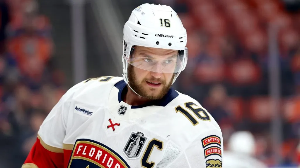 Aleksander Barkov stares at the ice