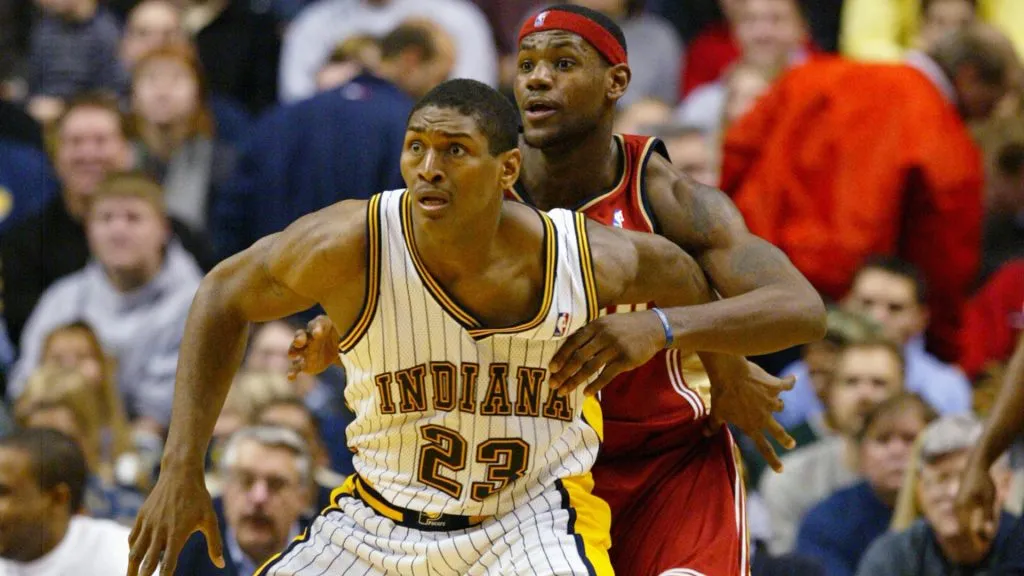 Ron Artest #23 of the Indiana Pacers posts up LeBron James #23 of the Cleveland Cavaliers during a regular season game. (Andy Lyons/Getty Images)