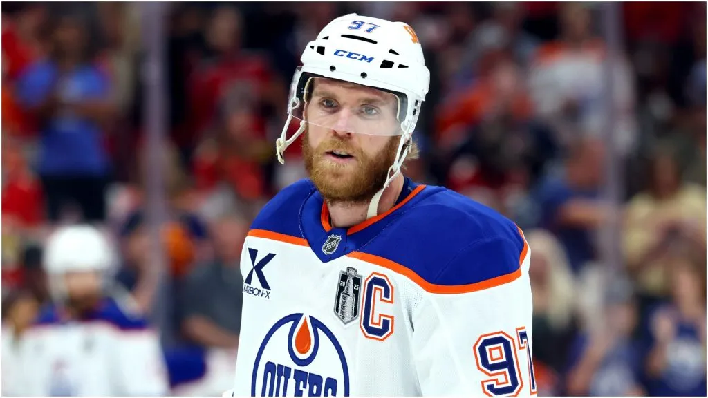 Connor McDavid #97 of the Edmonton Oilers warms up before playing the Florida Panthers in Game Four of the 2025 Stanley Cup Final at Amerant Bank Arena on June 12, 2025 in Sunrise, Florida.