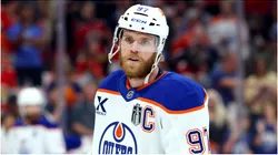 Connor McDavid #97 of the Edmonton Oilers warms up before playing the Florida Panthers in Game Four of the 2025 Stanley Cup Final at Amerant Bank Arena on June 12, 2025 in Sunrise, Florida.