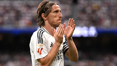 Luka Modric of Real Madrid applauds the fans during the LaLiga match between Real Madrid CF and Real Sociedad at Estadio Santiago Bernabeu on May 24, 2025 in Madrid, Spain.