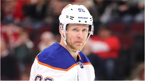 Corey Perry #90 of the Edmonton Oilers looks on against the Chicago Blackhawks during the first period at the United Center on January 11, 2025 in Chicago, Illinois.