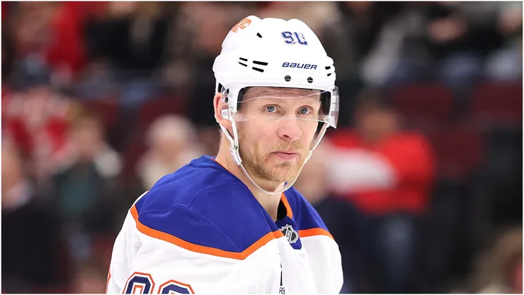 Corey Perry #90 of the Edmonton Oilers looks on against the Chicago Blackhawks during the first period at the United Center on January 11, 2025 in Chicago, Illinois.