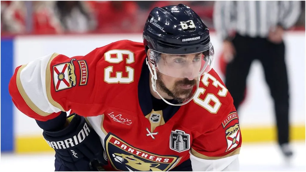 Brad Marchand #63 of the Florida Panthers looks on during the second period against the Edmonton Oilers in Game Six of the 2025 Stanley Cup Final at Amerant Bank Arena on June 17, 2025 in Sunrise, Florida.