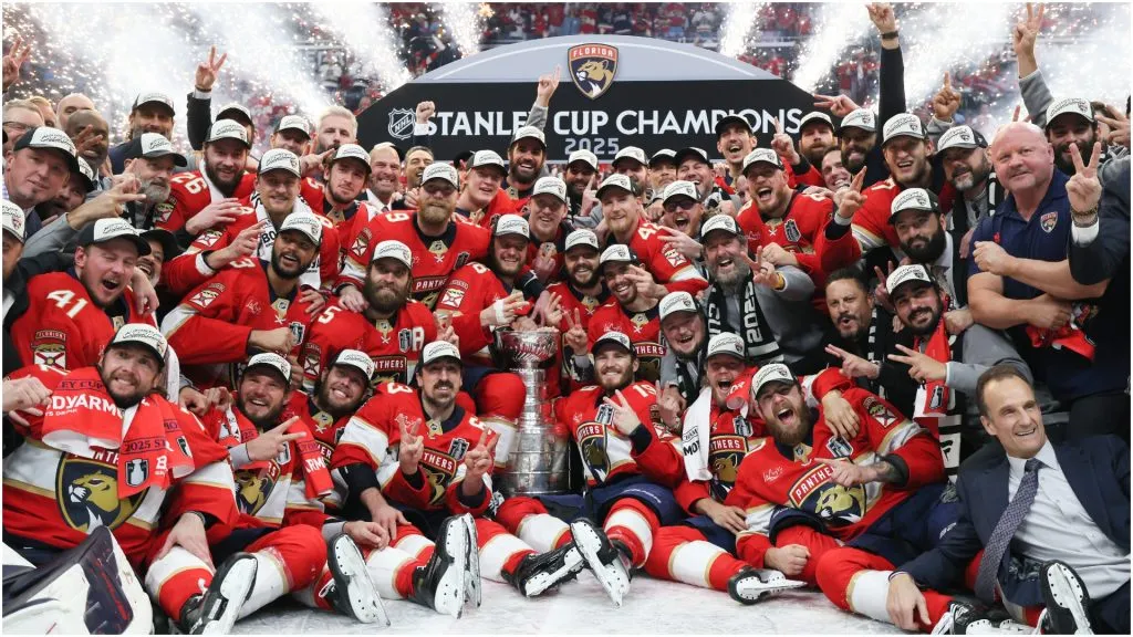 The Florida Panthers celebrate with the Stanley Cup after defeating the Edmonton Oilers in Game Six of the 2025 Stanley Cup Final at Amerant Bank Arena on June 17, 2025 in Sunrise, Florida.