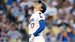 Shohei Ohtani #17 of the Los Angeles Dodgers reacts after being hit by a pitch from Randy Vásquez #98 of the San Diego Padres in the third inning at Dodger Stadium on June 17, 2025 in Los Angeles, California.