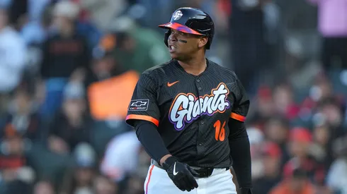 Rafael Devers #16 of the San Francisco Giants looks on while walking back to the dugout after striking out swinging against the Cleveland Guardians in the bottom of the first inning at Oracle Park on June 17, 2025 in San Francisco, California.