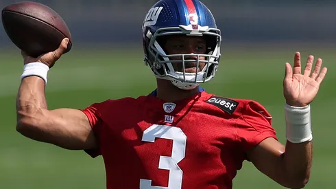 Russell Wilson #3 of the New York Giants during a New York Giants practice session at NY Giants Quest Diagnostics Training Center on June 12, 2025 in East Rutherford, New Jersey.