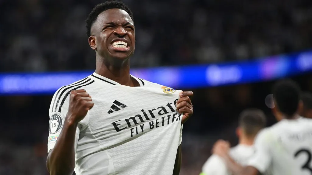 Vinicius Junior of Real Madrid celebrates scoring his team’s fifth goal during the UEFA Champions League 2024/25 League Phase MD3 match. (Source: Denis Doyle/Getty Images)