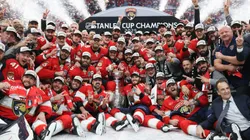 The Florida Panthers celebrate with the Stanley Cup after defeating the Edmonton Oilers in Game Six of the 2025 Stanley Cup Final at Amerant Bank Arena on June 17, 2025.