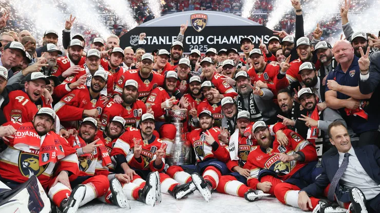 The Florida Panthers celebrate with the Stanley Cup after defeating the Edmonton Oilers in Game Six of the 2025 Stanley Cup Final at Amerant Bank Arena on June 17, 2025.